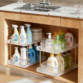 LAREKUN 4-pack 2-tier organizer, transparent material showing durability.