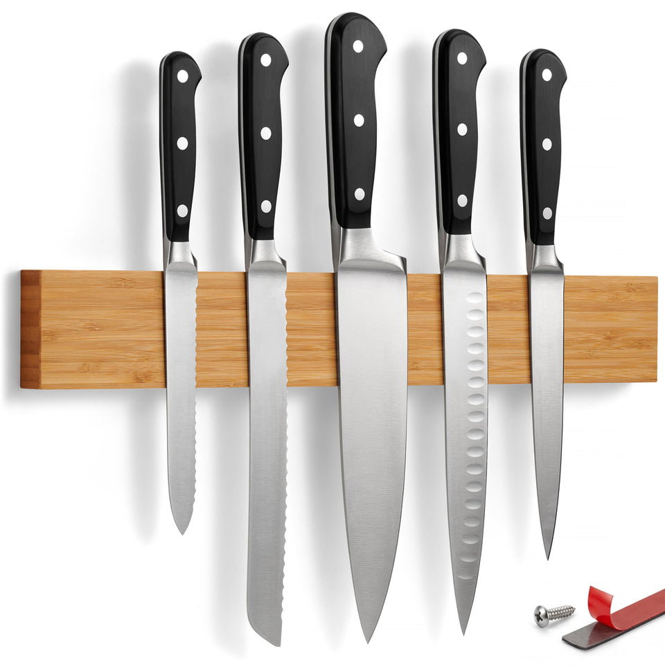 LARHN bamboo magnetic knife strip wall mount for easy reach while cooking