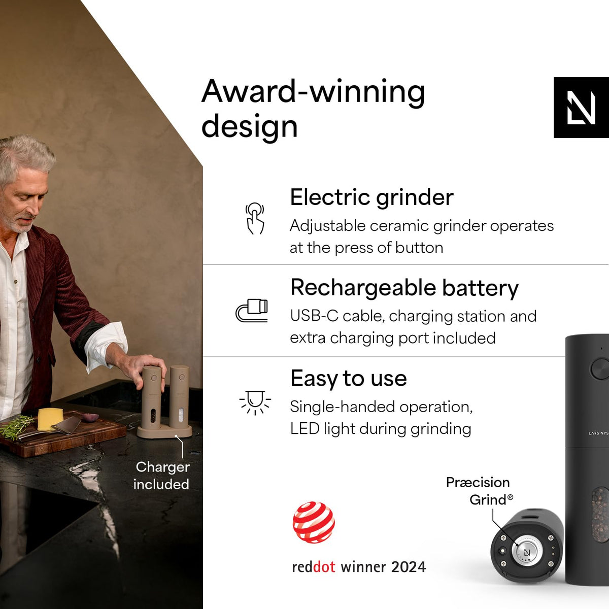 LARS NYSØM ceramic grinder system with adjustable coarseness for precise seasoning.