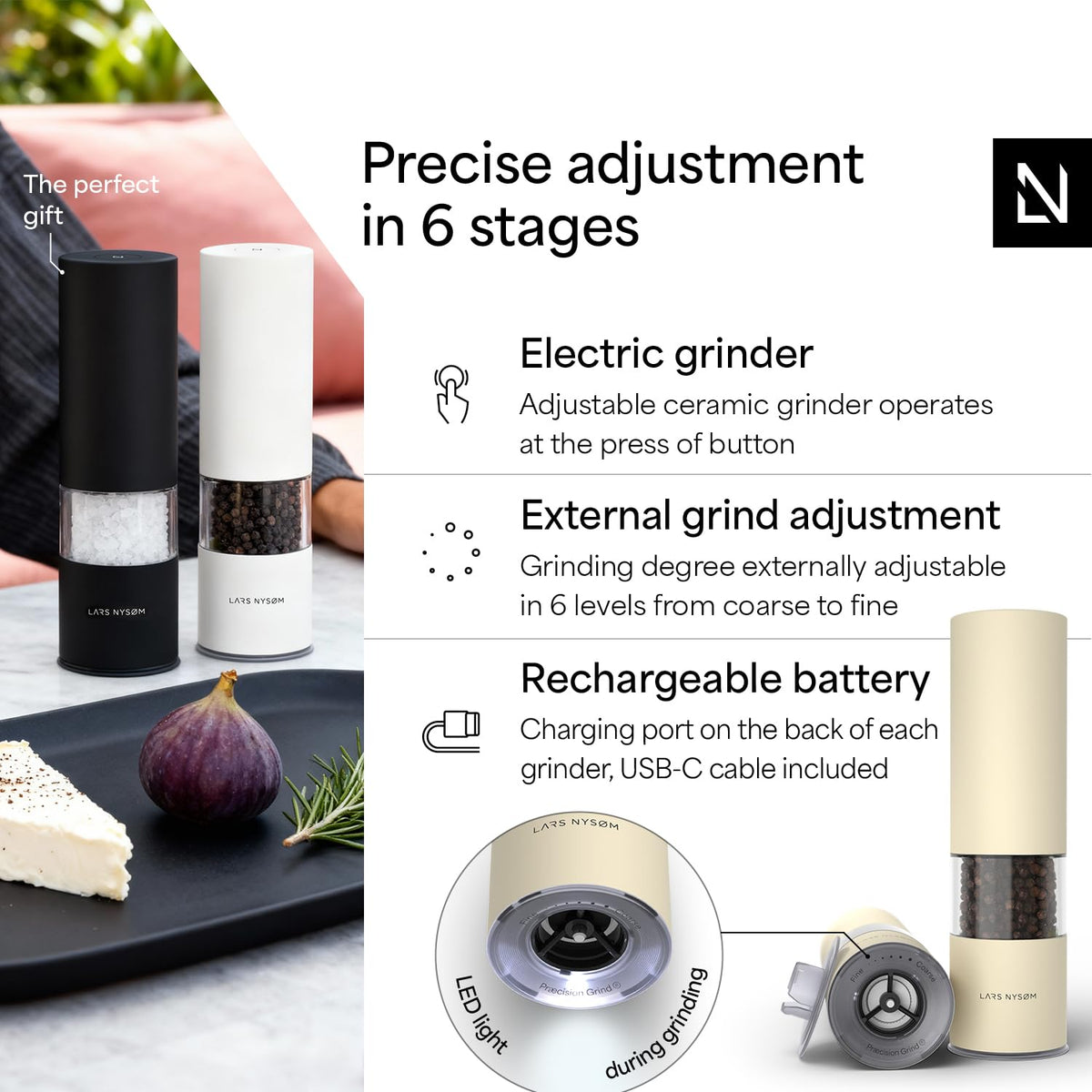 Close-up of Lagom adjustable ceramic grinder delivering precise spice texture