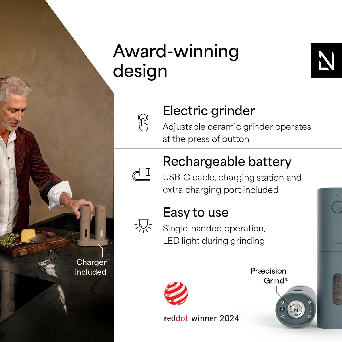 LARS NYSØM grinder shows LED light for precise seasoning during cooking.
