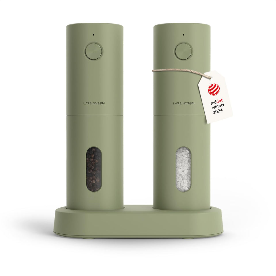 LARS NYSØM Spænding electric grinder front view showcases sage green finish for precise seasoning