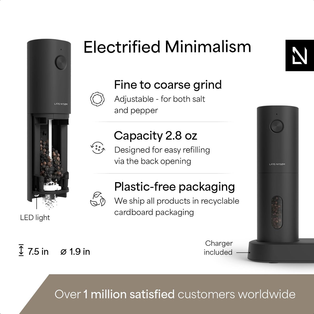 LARS NYSØM USB rechargeable spice mills for cordless convenience and easy charging.