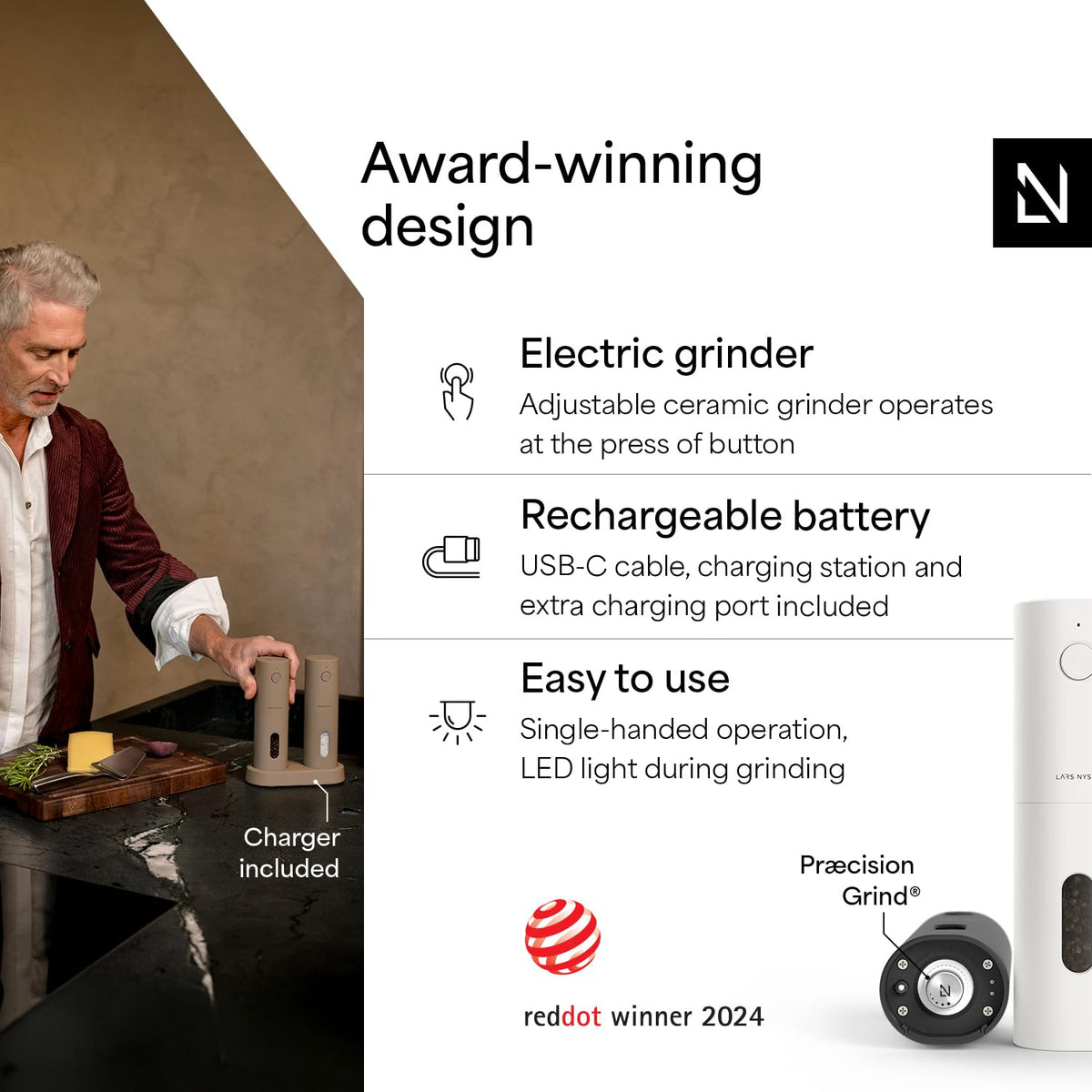 Lars Nysom USB rechargeable grinder in use for salt and pepper control