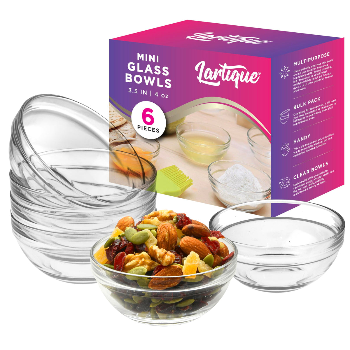 Lartique Mini 3.5-inch clear glass bowls set of six for meals and desserts.