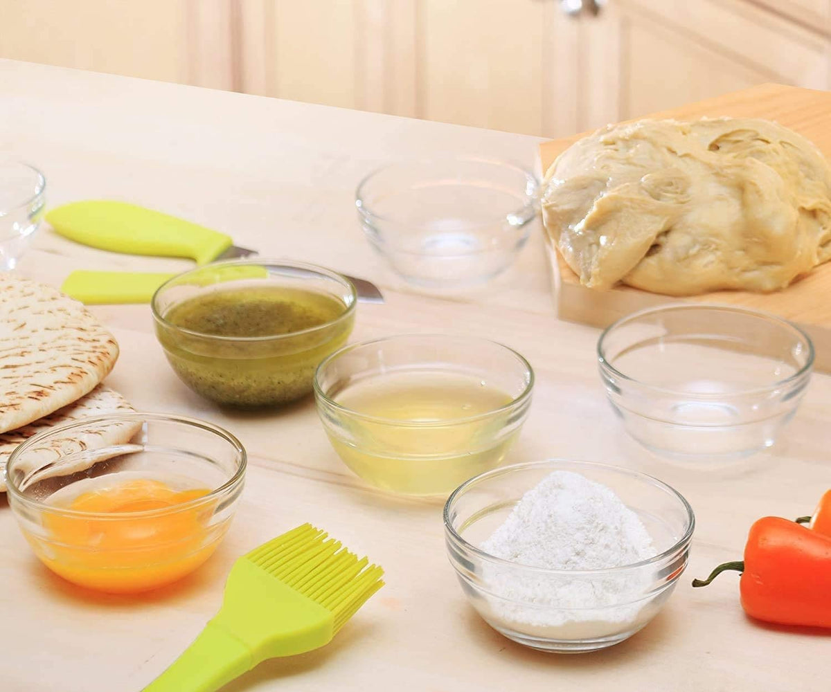 Lartique glass bowls for dips and nuts, microwave-ready convenience.