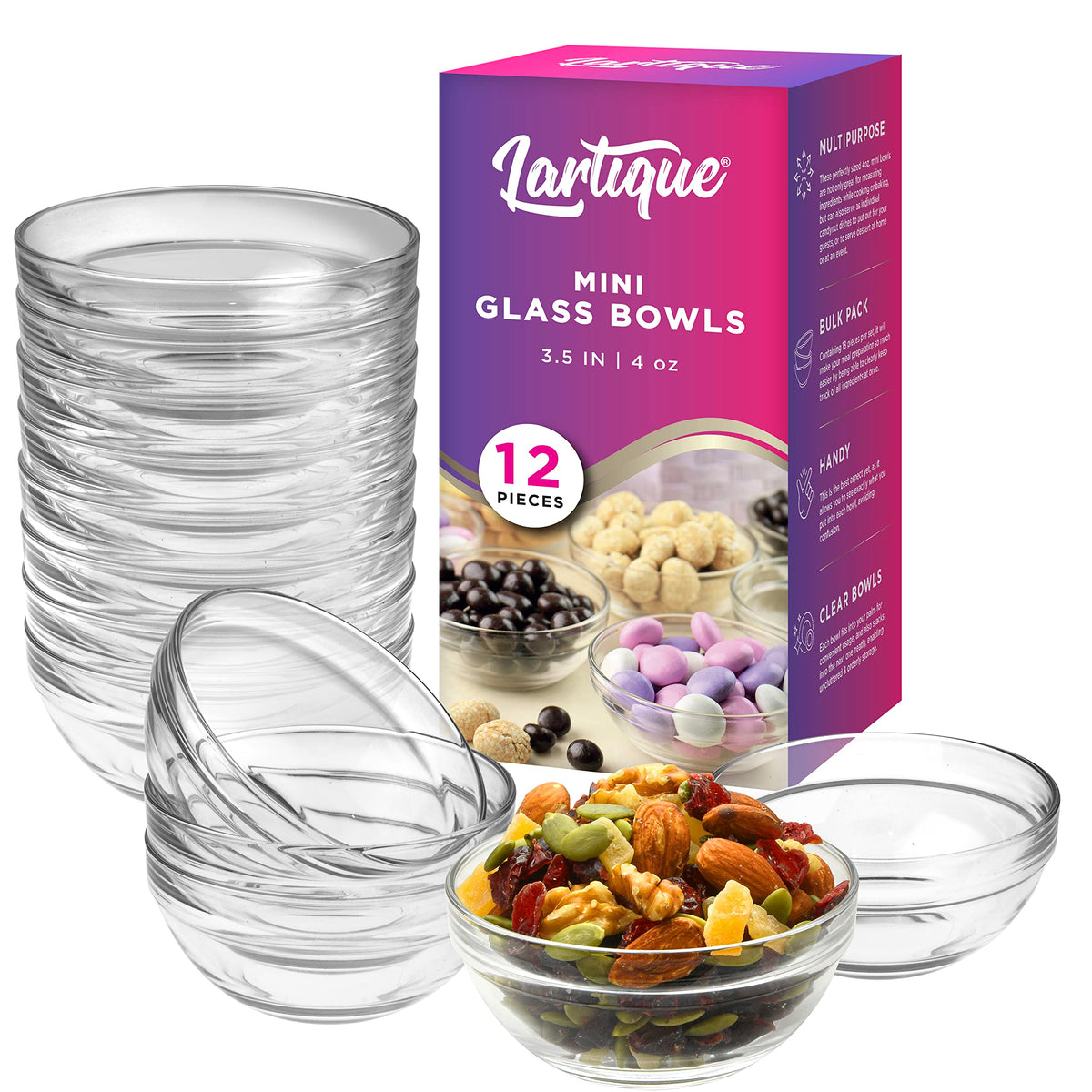 Lartique mini glass bowls set of 12, perfect for prep and organization.