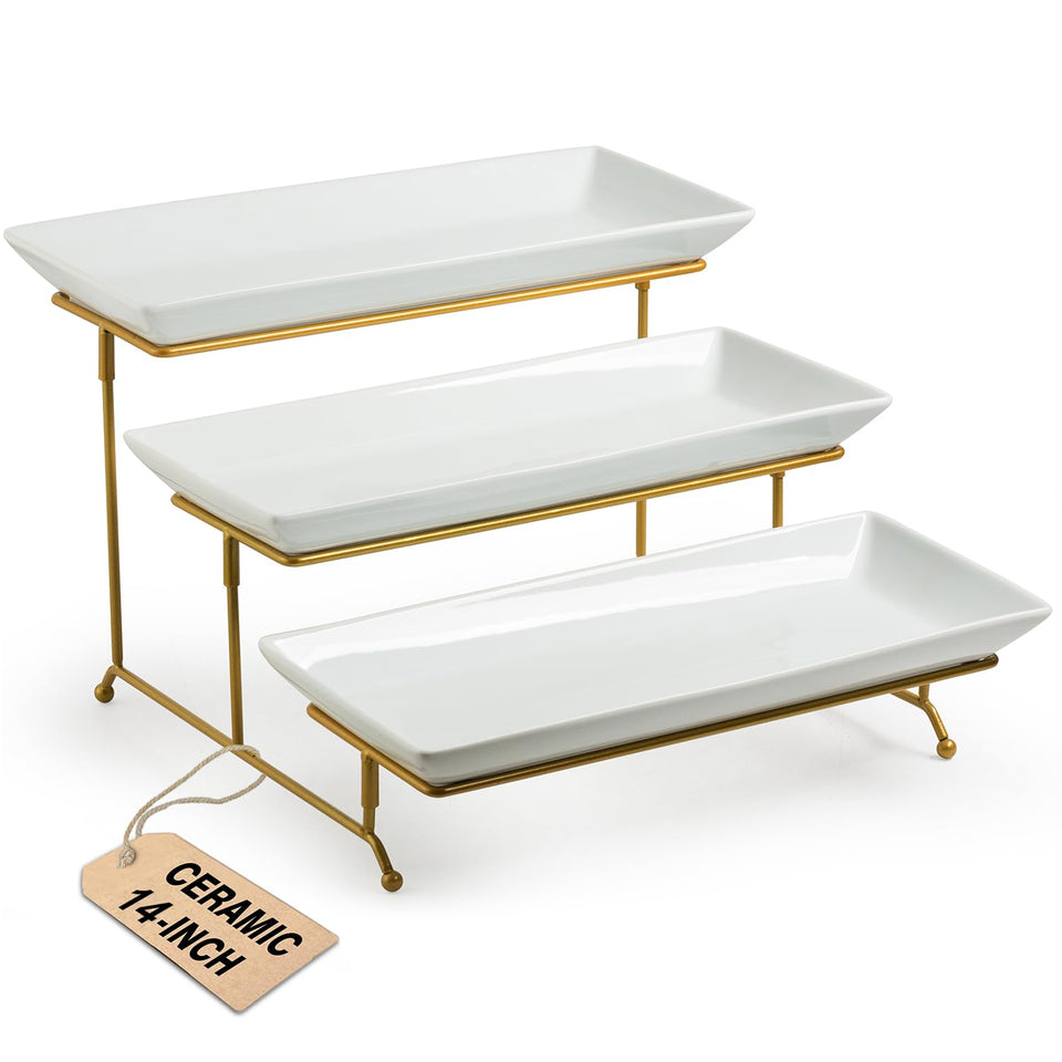 LAUCHUH large 3-tier stand with porcelain trays for elegant dessert presentation, ideal for entertaining.