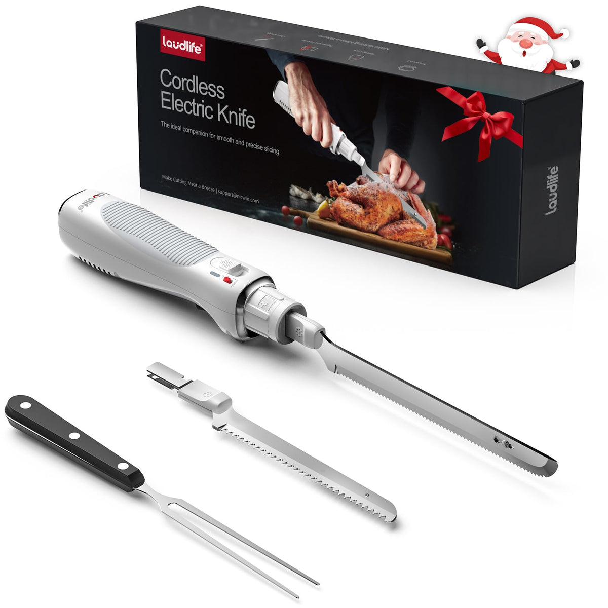 LAUDLIFE cordless electric knife with serrated blade for smooth turkey and roast slicing