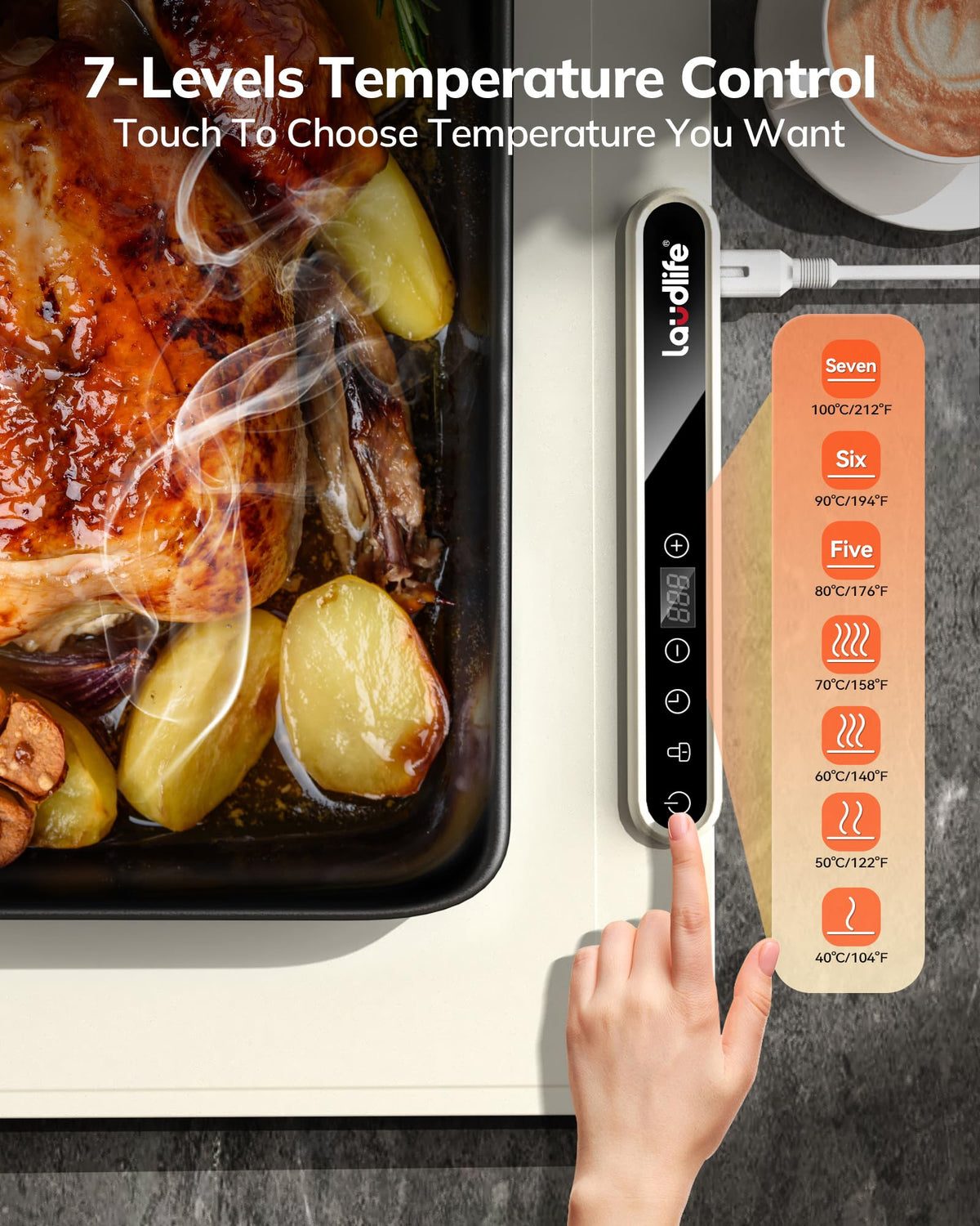 LAUDLIFE warming mat on table supports buffet layouts and keeps foods ready.