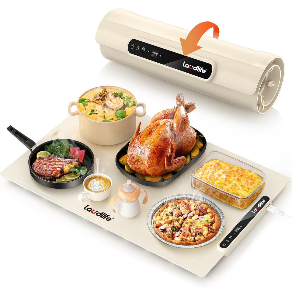 LAUDLIFE food warming mat top view keeps dishes warm for parties and family gatherings.