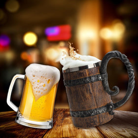 LAUGOKOBE wooden barrel beer mug front view highlighting vintage design.