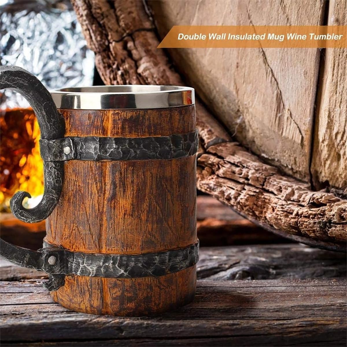 LAUGOKOBE wooden barrel beer mug in use supports 18 oz capacity for shared tasting.