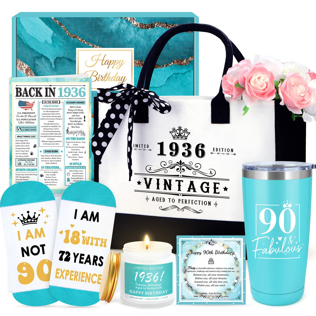 Launrada 90th birthday tote bag with classic dot ribbon for practical, elegant gifting.