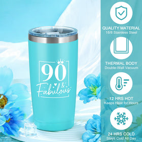 Launrada 90th birthday tumbler 20oz with spill-proof lid for on‑the‑go beverage control.