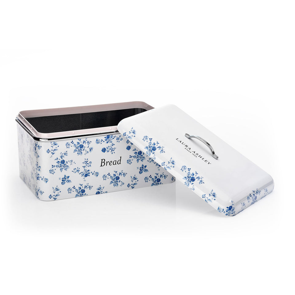 Laura Ashley bread bin China Rose on countertop, stylish storage for fresh bread.