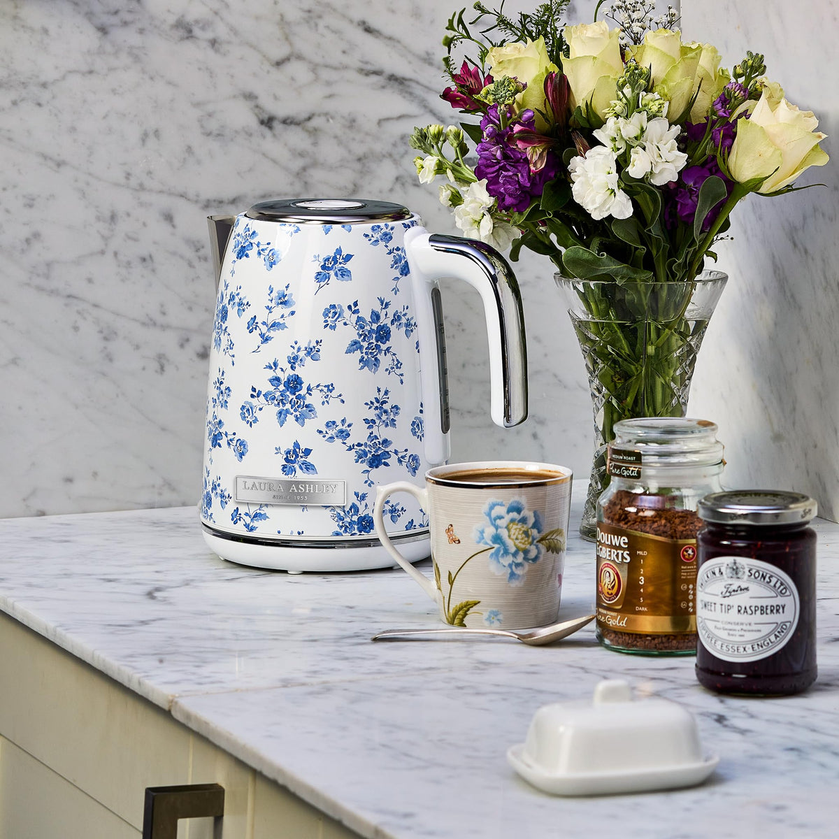 Laura Ashley brushed stainless steel finish adds durable kitchen style.
