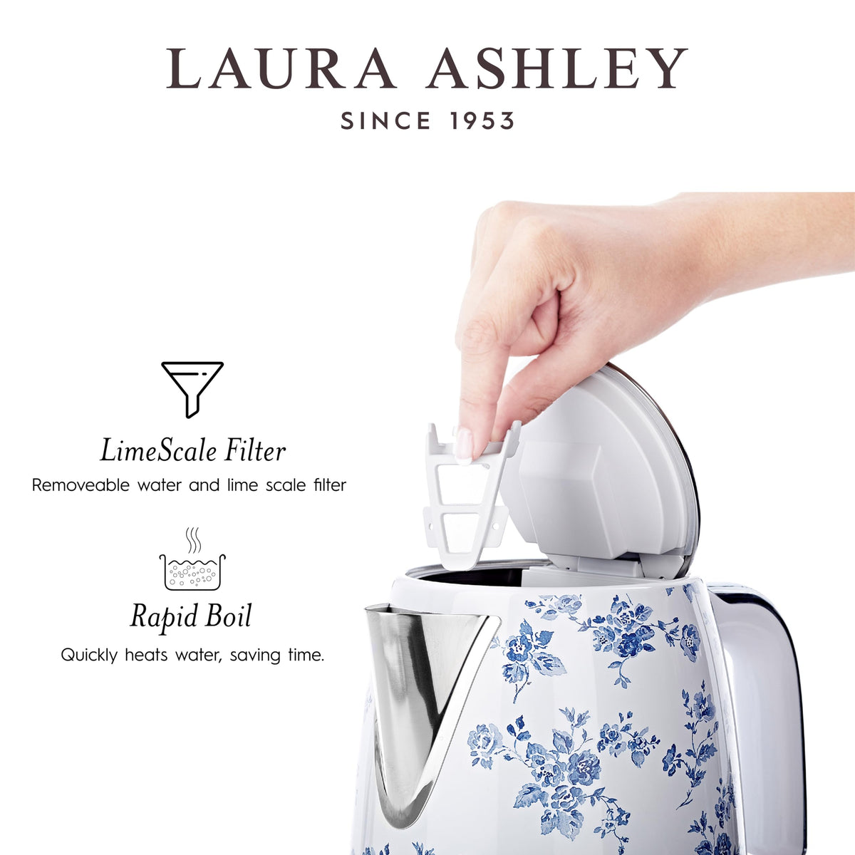 Laura Ashley lift-off shut-off feature powers the kettle off when lifted.