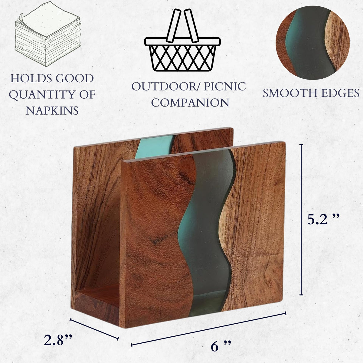 LAVAUK acacia wood napkin holder for indoor outdoor dining with epoxy accent.