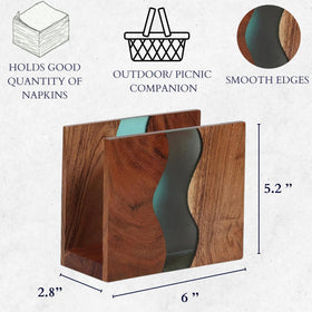 LAVAUK acacia wood napkin holder for indoor outdoor dining with epoxy accent.