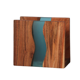 LAVAUK acacia wood napkin holder with turquoise epoxy for durable indoor and outdoor use.