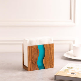 LAVAUK rustic-modern napkin holder showcasing acacia wood texture and turquoise resin.