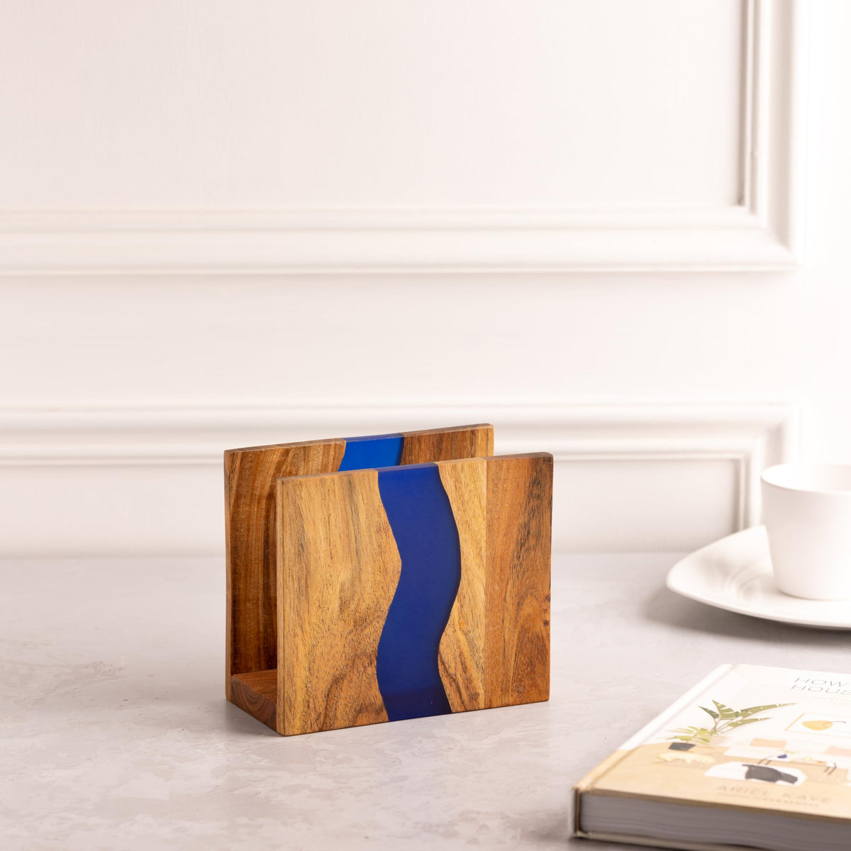LAVAUK translucent epoxy napkin holder detail, indoor and outdoor friendly.