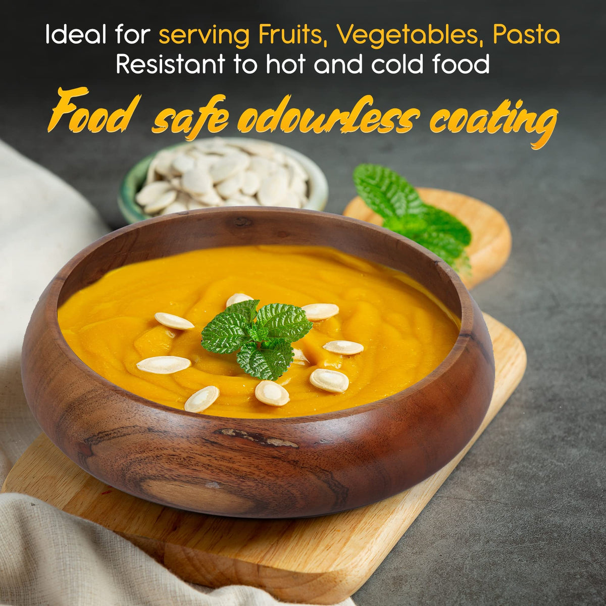 LAVAUX DESIGNS acacia bowl multipurpose for salads, pasta, and snacks.