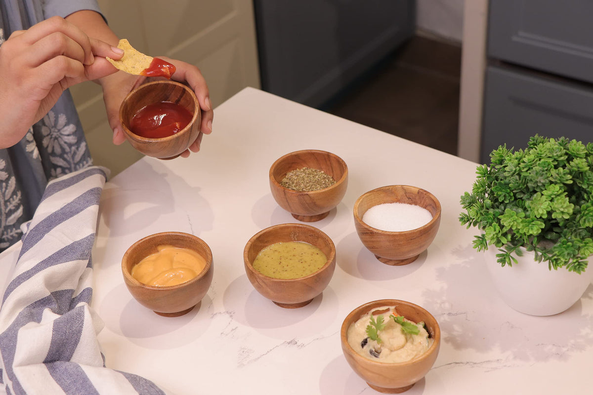 Lavaux Designs acacia bowls showing 4 oz capacity for snack portions.
