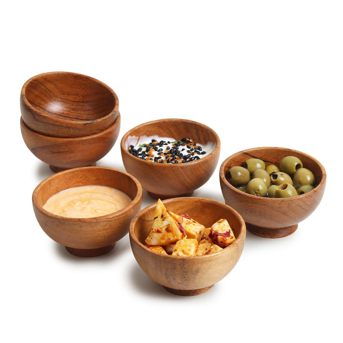 Lavaux Designs acacia bowls set for sauces and dips with natural grain.