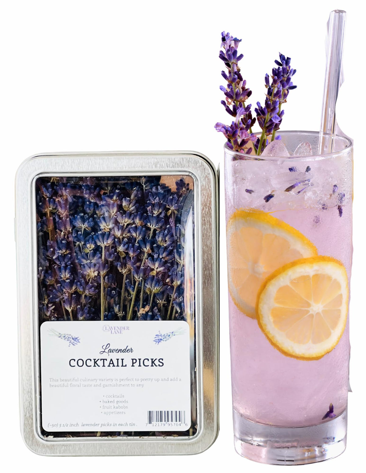 Lavender Lane organic cocktail sprigs in a tin for elegant garnishes.
