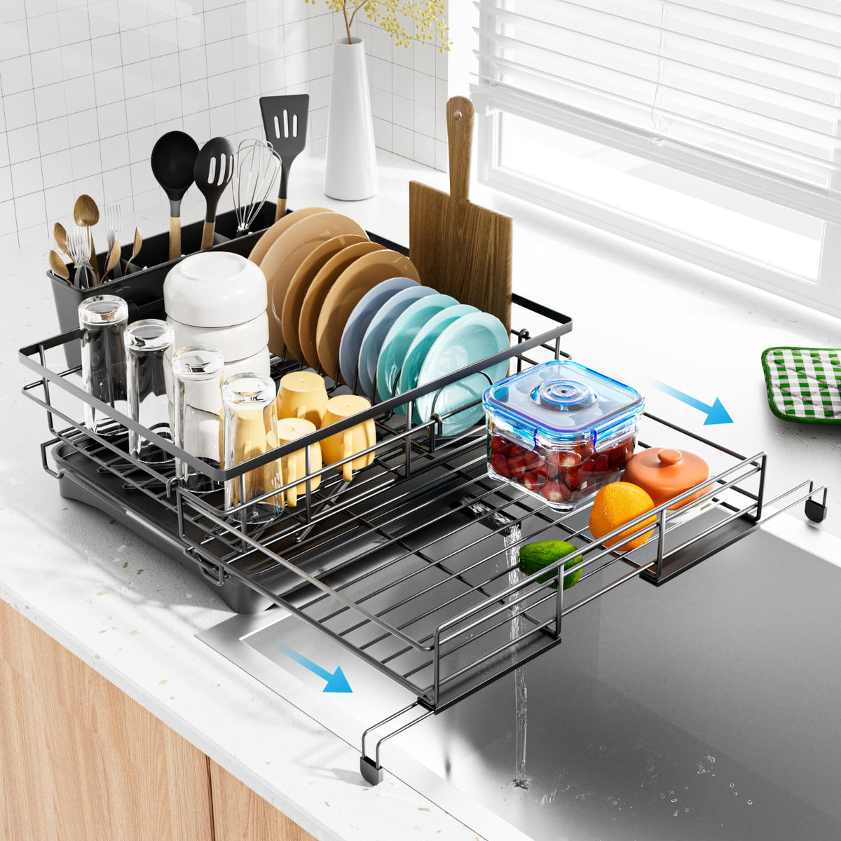 Laveshop Dish Drying Rack extended to 21 inches for larger loads