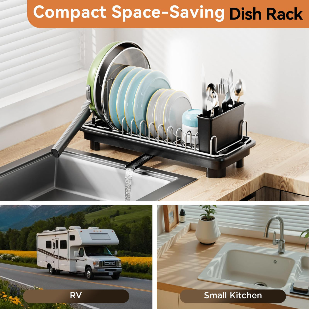 Laveshop drying rack with drainboard directs water toward sink for cleaner counters.