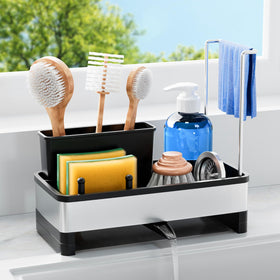 Laveshop sponge holder for kitchen sink with organized sponges within easy reach.