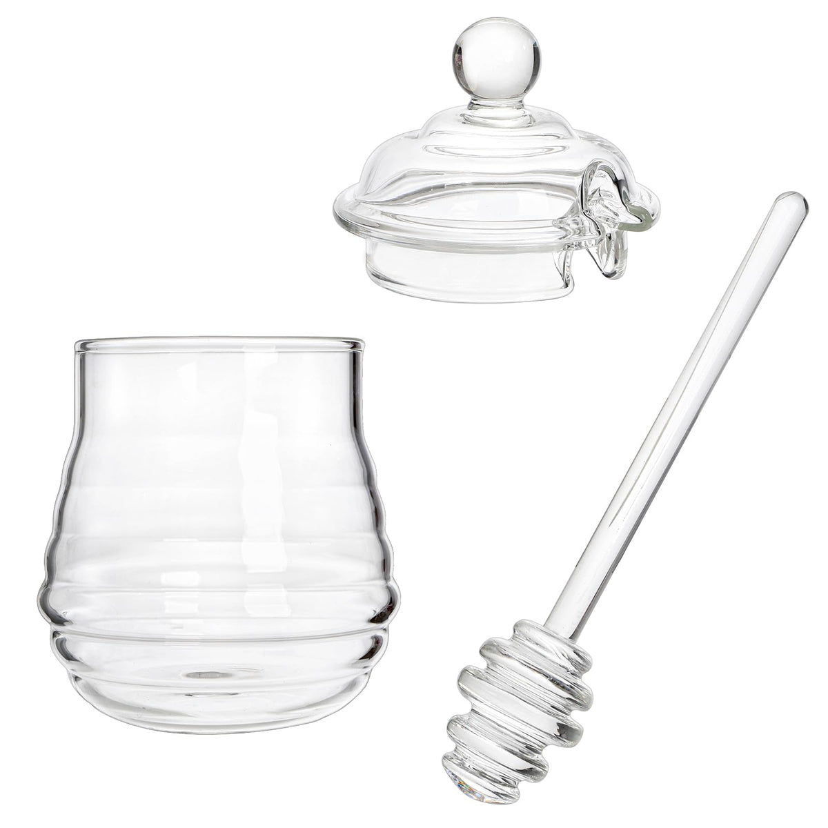 Lawei glass honey jar side-opening design holds the dipper within reach for quick use.