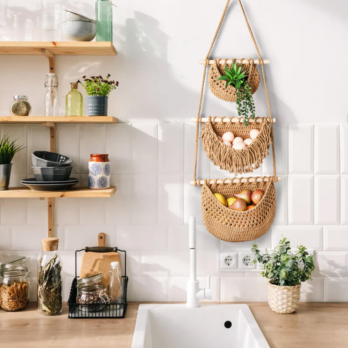 Lawei kitchen hanging storage shown with potatoes and fruit.