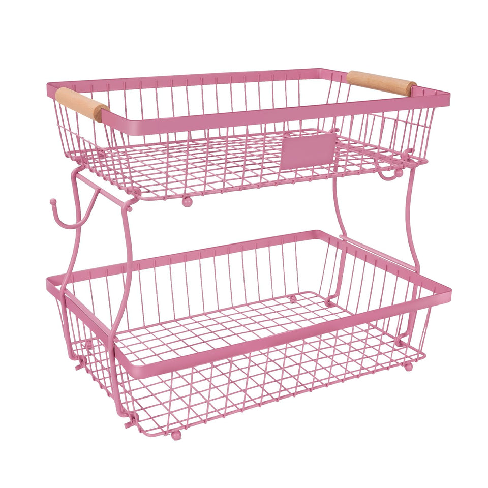 Lawhood-Mijin 2-tier pink fruit basket top view keeps produce organized on the counter