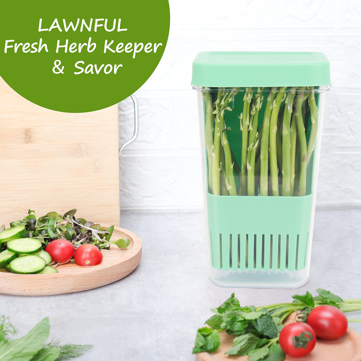 LAWNFUL compact herb keeper fits neatly in a refrigerator door.