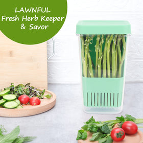 LAWNFUL compact herb keeper fits neatly in a refrigerator door.