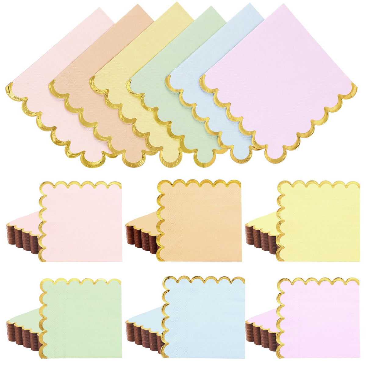 Layhit pastel napkins with scalloped gold edges in rainbow colors for celebrations