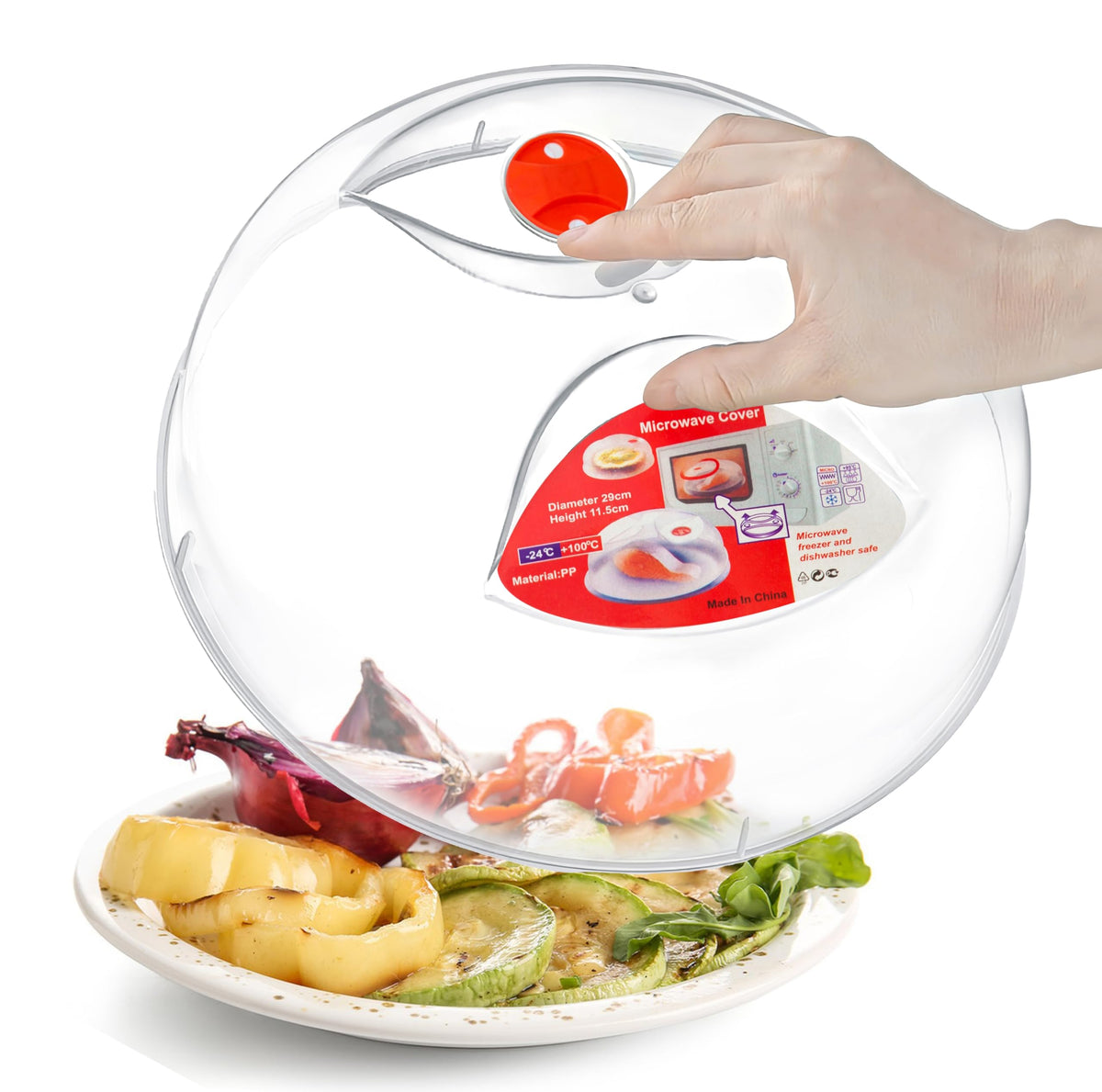 Layron large microwave cover with grip handle for easy placement.