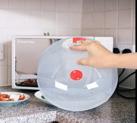 Layron splatter guard with steam vent promotes even reheating and moisture control.