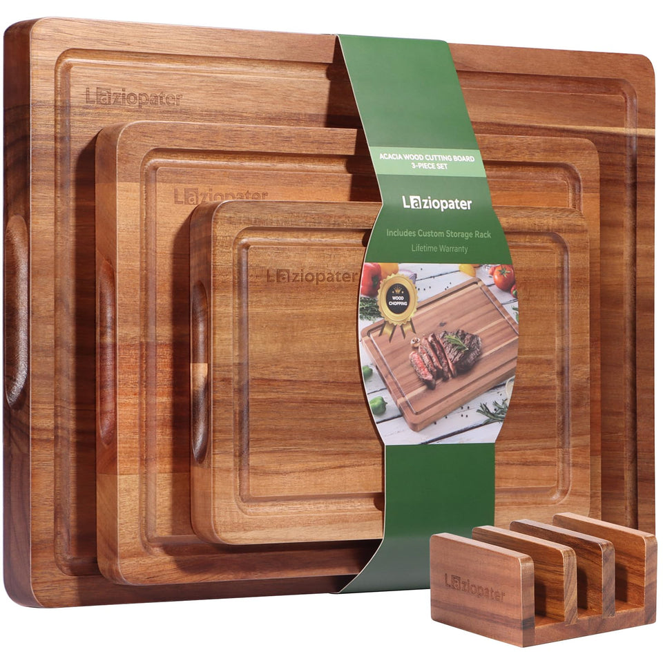 LAZIOPATER acacia cutting board set of 3 with holder for clutter-free prep