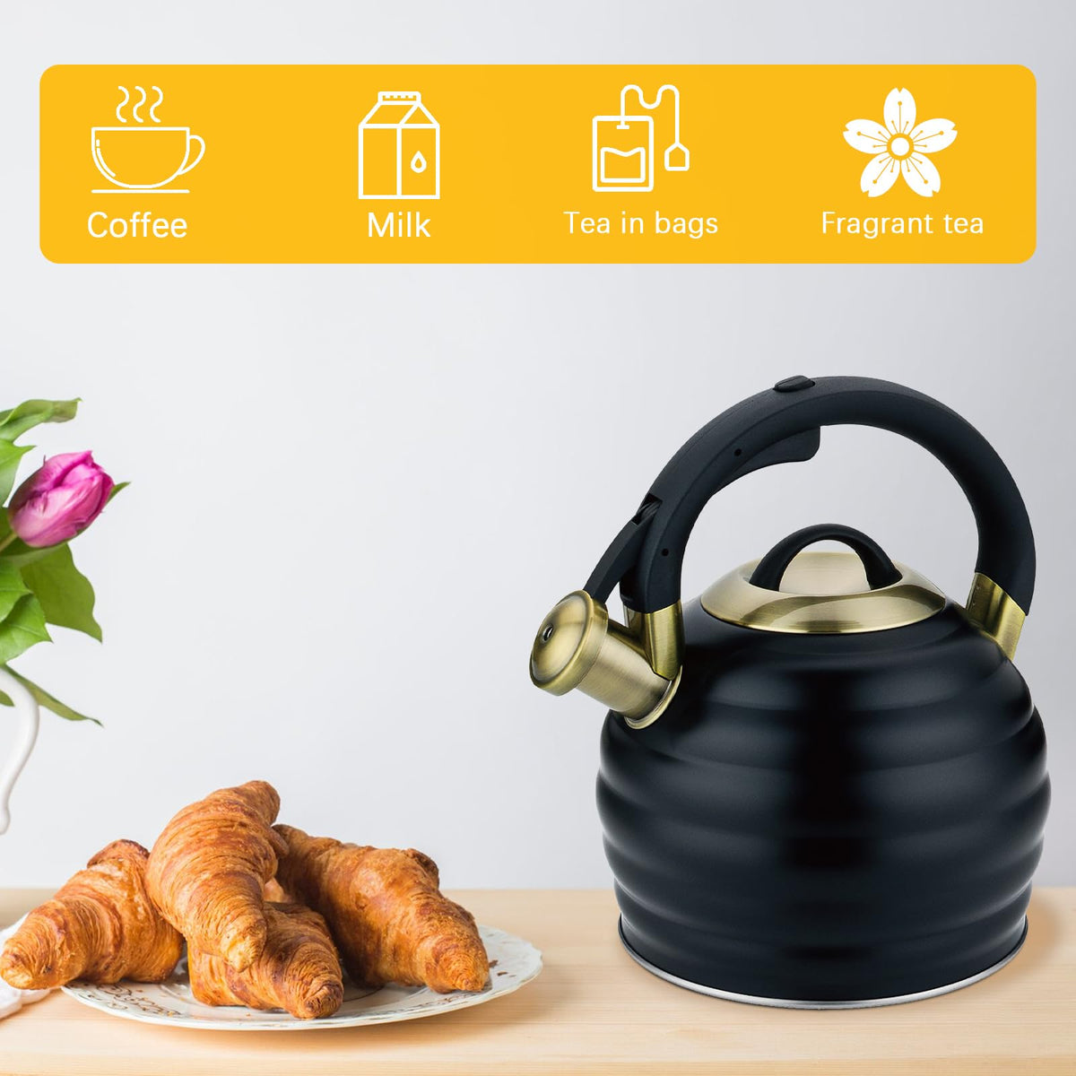 Lazneyru kettle on induction stove proves compatibility with various heat sources.