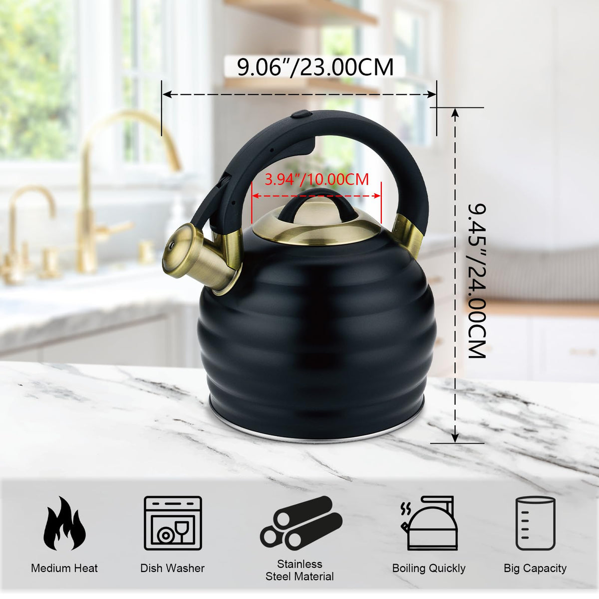 Lazneyru kettle lid and steam release demonstrates prompt whistles when water reaches a boil.
