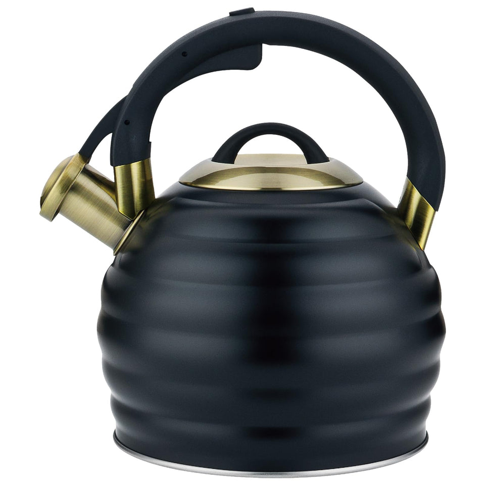 Lazneyru tea kettle on stove top with whistling spout for quick water boiling.