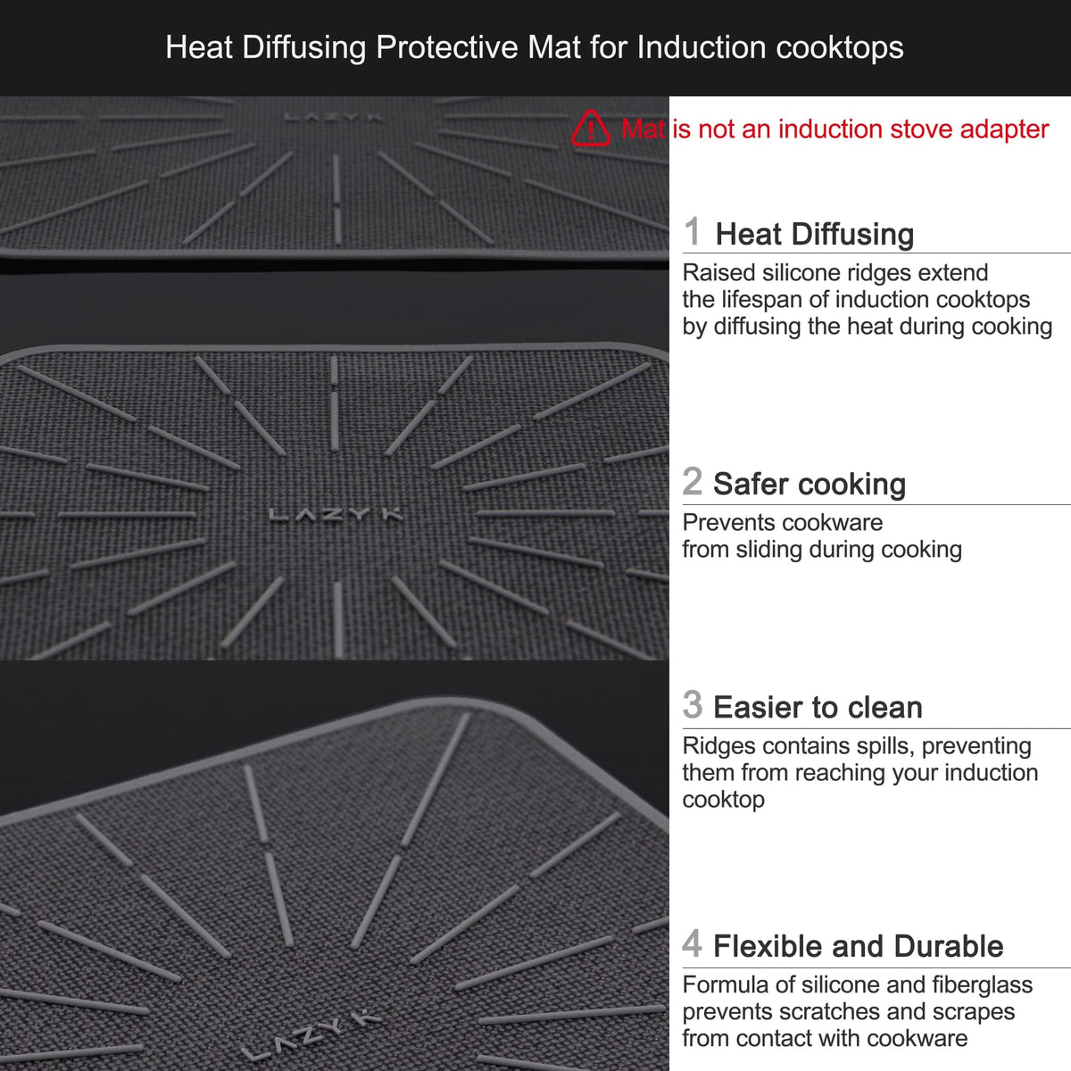Lazy K 9in square mat with heat diffusion for even magnetic cookware heating.