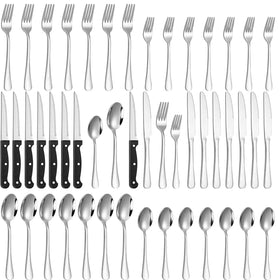 Lazycorner 48-piece silverware set with steak knives on a dining table; durable stainless steel for daily meals.