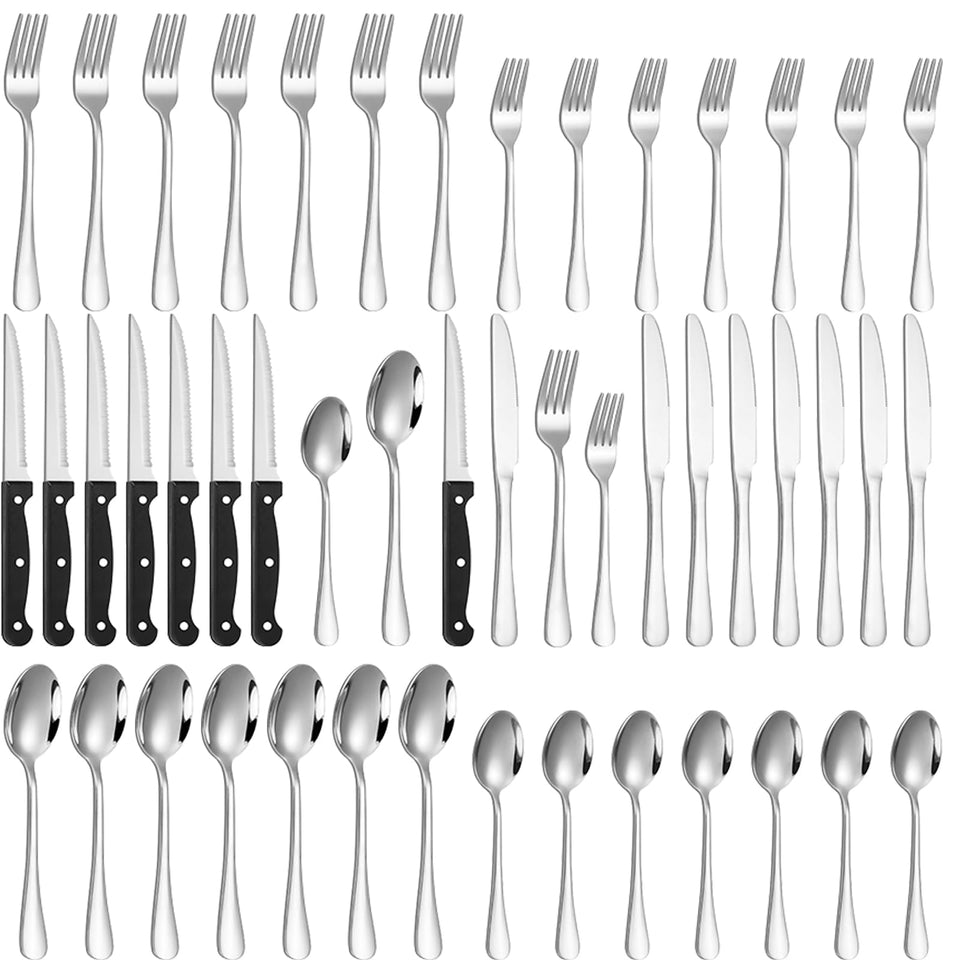 Lazycorner 48-piece silverware set with steak knives on a dining table; durable stainless steel for daily meals.