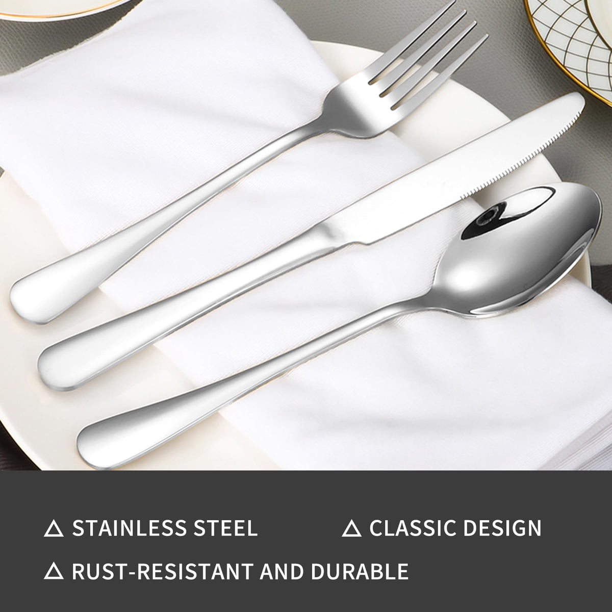 Lazycorner flatware set close-up shows balanced weight and comfortable grip.